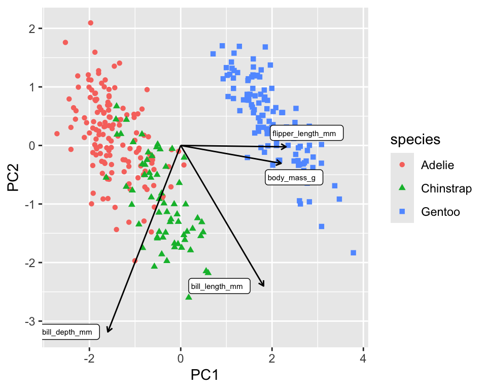 Biplot of the penguin dataset