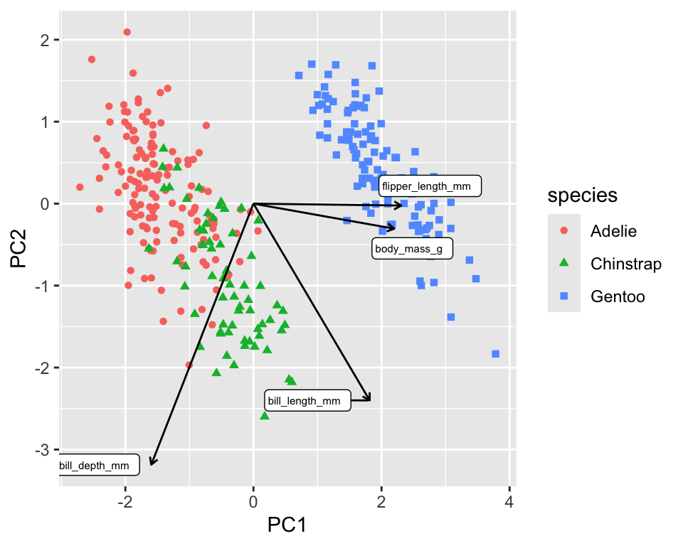 Biplot of the penguin dataset